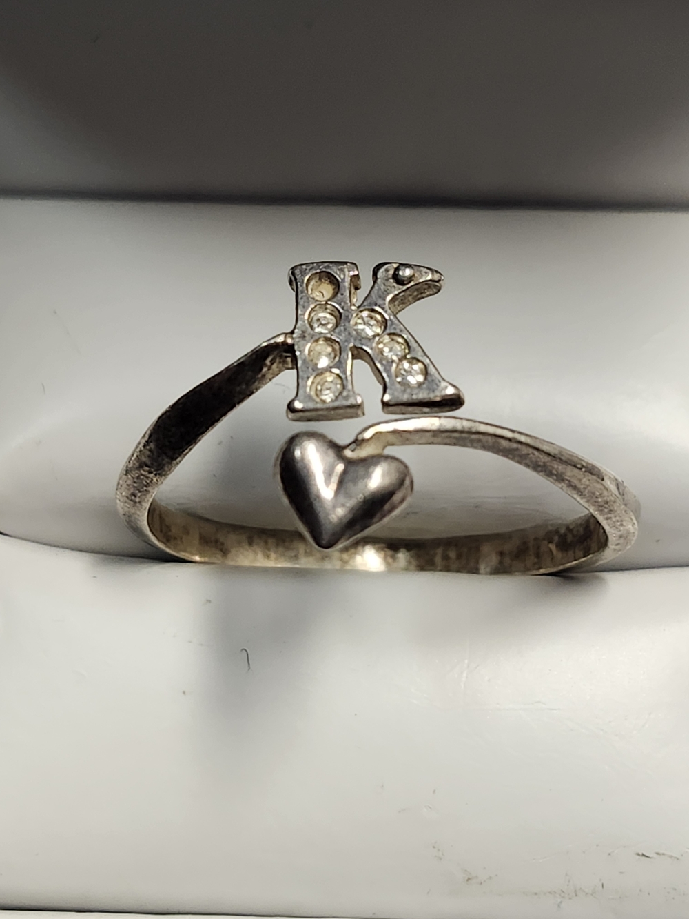 Vtg Avon Sterling Silver 925 Heart Initial "K" Bypass Adjustable Ring 8